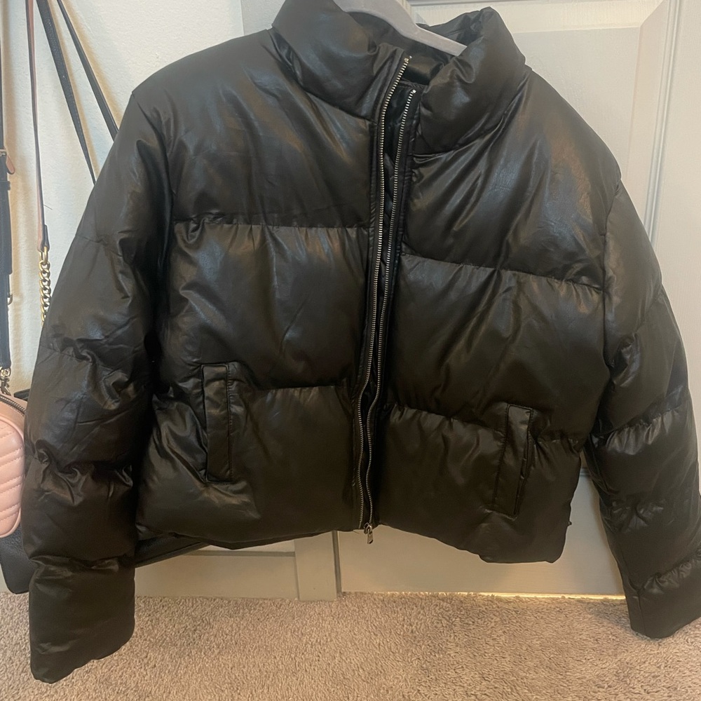 Black Pleather Puffer Jacket - image 1